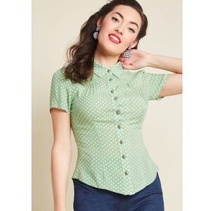 Collectif Polka Dot Blouse, Sage, Size UK 18/US 14, NWT
